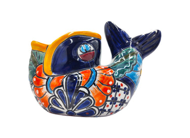Mexican Talavera Bonsai Fish Planter Pot Hand Painted - Traditional Pescado Bonsai Maceta - Yellow Trim